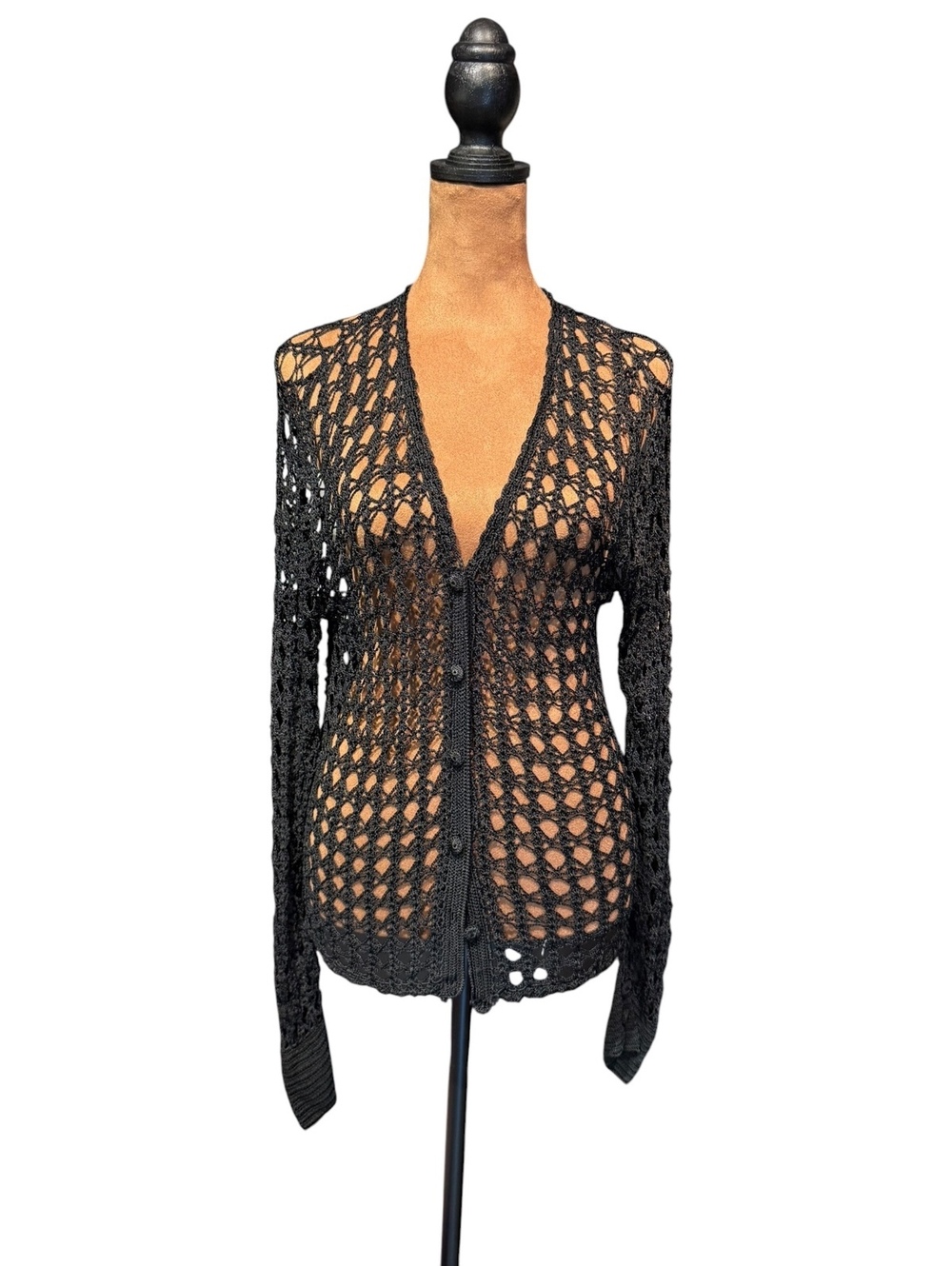 Erik Stewart Black Crochet Knit Button-Up Cardigan Sweater